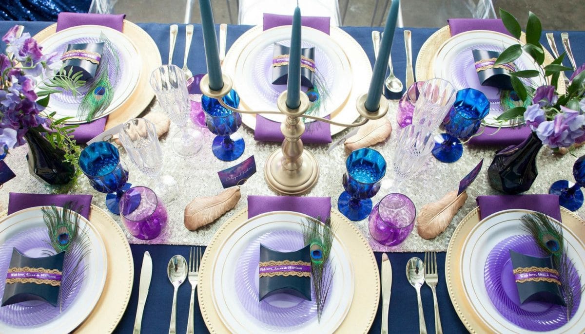 purple and gold wedding table settings