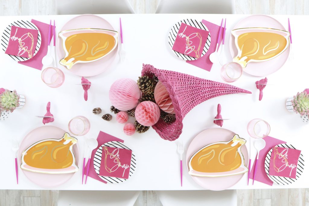 pink thanksgiving turkey dinner table setting