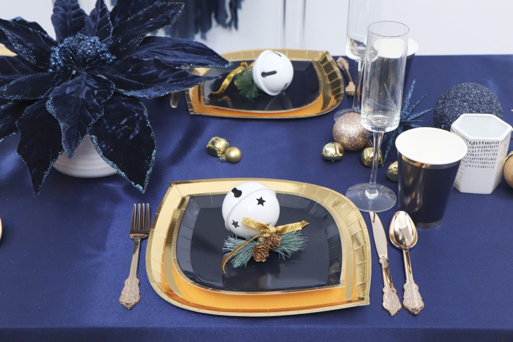 navy and gold holiday place settings