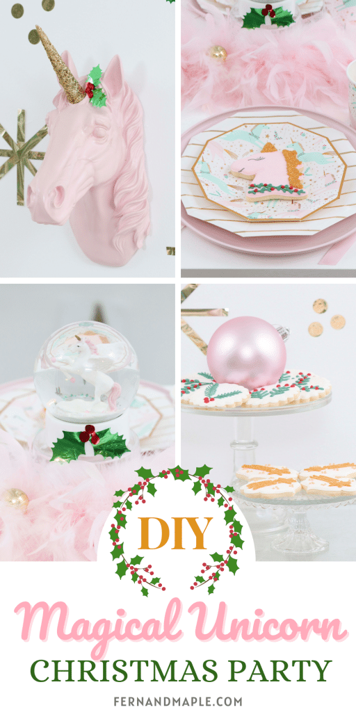 Throw a Magical Unicorn Christmas Party for kids or adults with these ideas for DIY Backdrop, Table Settings, Dessert Cart and more! Get all of the details now at fernandmaple.com!