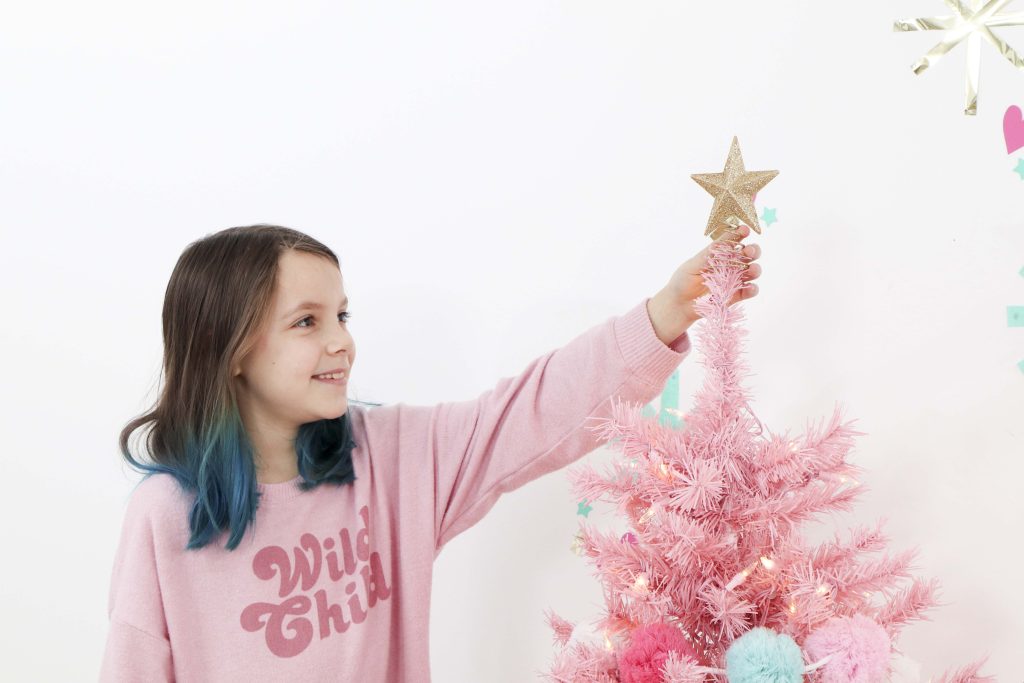 Making Spirits Bright Neon Holiday Party pink christmas tree with gold star