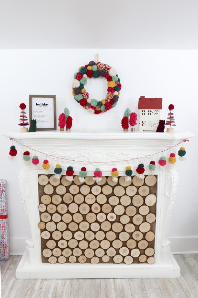 Pom Pom Party for the Holidays fireplace decor