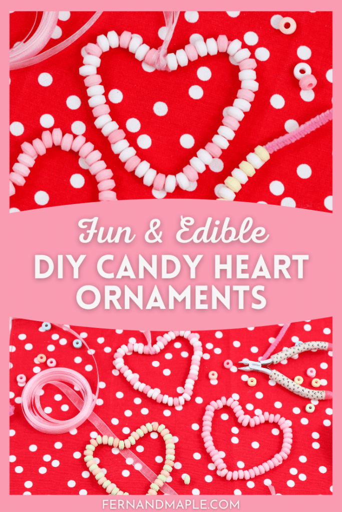 Create cute and edible Valentine's Day Candy Heart Ornaments with kids to hang on a tree or around the house, give as gifts, or treat yourself! Get instructions now at fernandmaple.com!