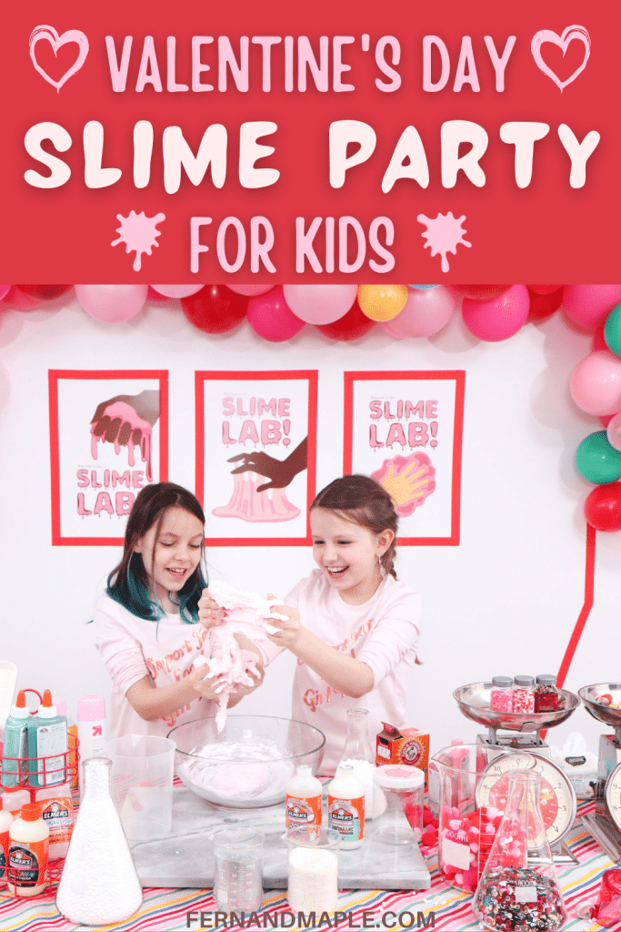 Set up a heart-filled Slime Lab for a fun and entertaining Valentine's Day Slime Party for Kids! Plus, how to create to-go Slime Kits for friends! Get details now at fernandmaple.com!