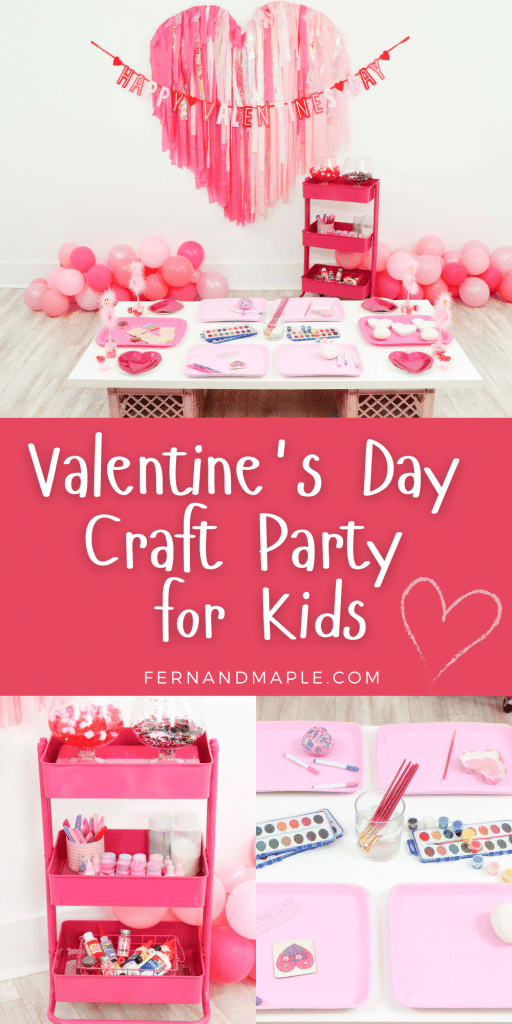 Throw an entertaining and interactive Valentine's Day Craft Party for Kids with fringe heart backdrop, craft cart, and craft table ideas! Get all of the details now at fernandmaple.com!