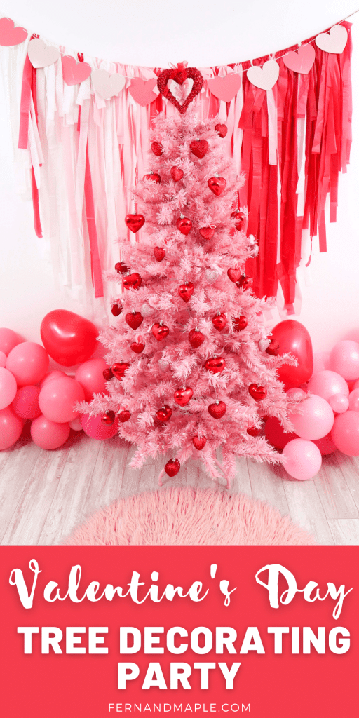 Trees aren't just for Christmas - decorate a Valentine's Day tree at a tree decorating party with fun backdrop, decor, and candy heart ornament craft! Get details now at fernandmaple.com!