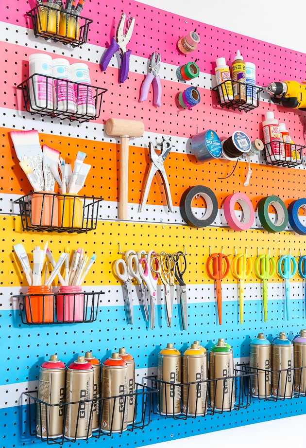 Pegboard organization method for craft supplies. Get more organization ideas now at fernandmaple.com!