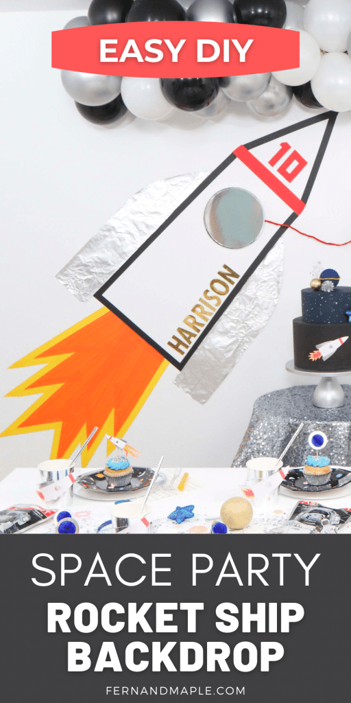 Create this easy DIY Rocket Ship Backdrop for an Outer Space Party for Kids using basic and cheap materials! Get the full step-by-step instructions now at fernandmaple.com!