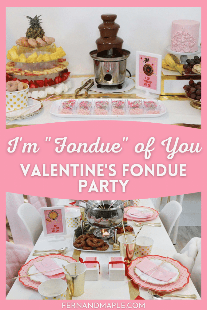 Host a fun fondue party for Valentine's or Galentine's Day with these ideas for decor, dining table setup, place settings, and dessert fondue table - plus, FREE printables! Get details now at fernandmaple.com!