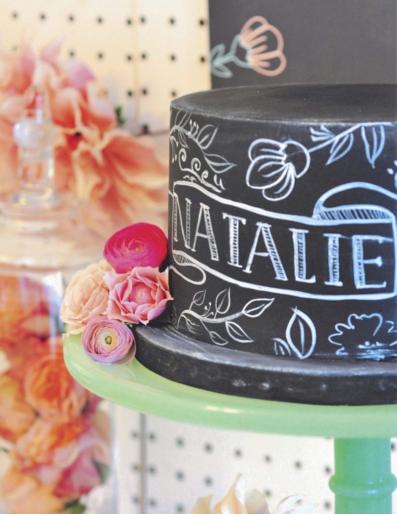 Floral Chalkboard Cake for a floral arranging party - get details now at fernandmaple.com!