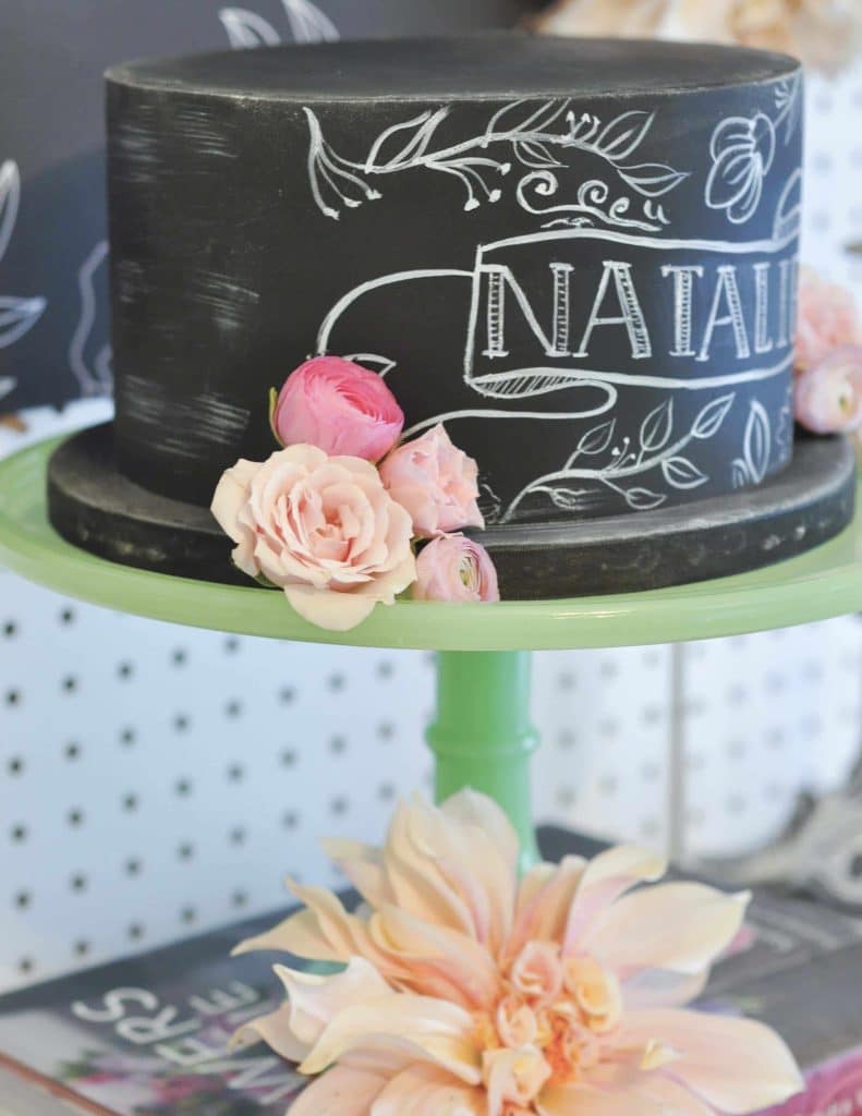 Floral Chalkboard Cake for a floral arranging party - get details now at fernandmaple.com!