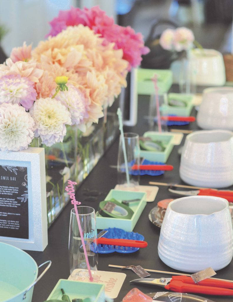 Floral arranging table setting- throw a fun floral arranging party with tips from fernandmaple.com!