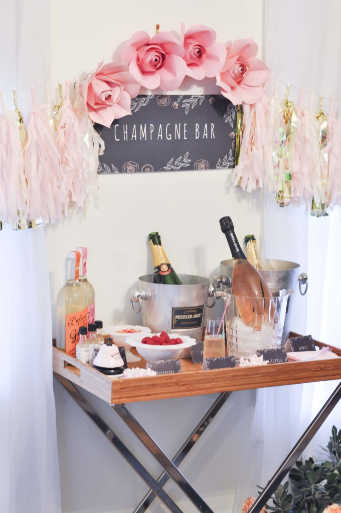 Champagne Bar for a floral arranging party - get details now at fernandmaple.com!