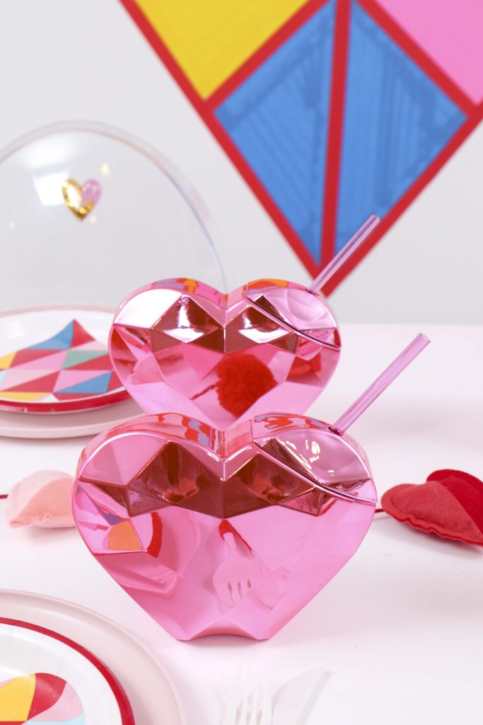 Geometric Heart Valentine's Day Party tumblers - Get details and more party ideas now at fernandmaple.com!