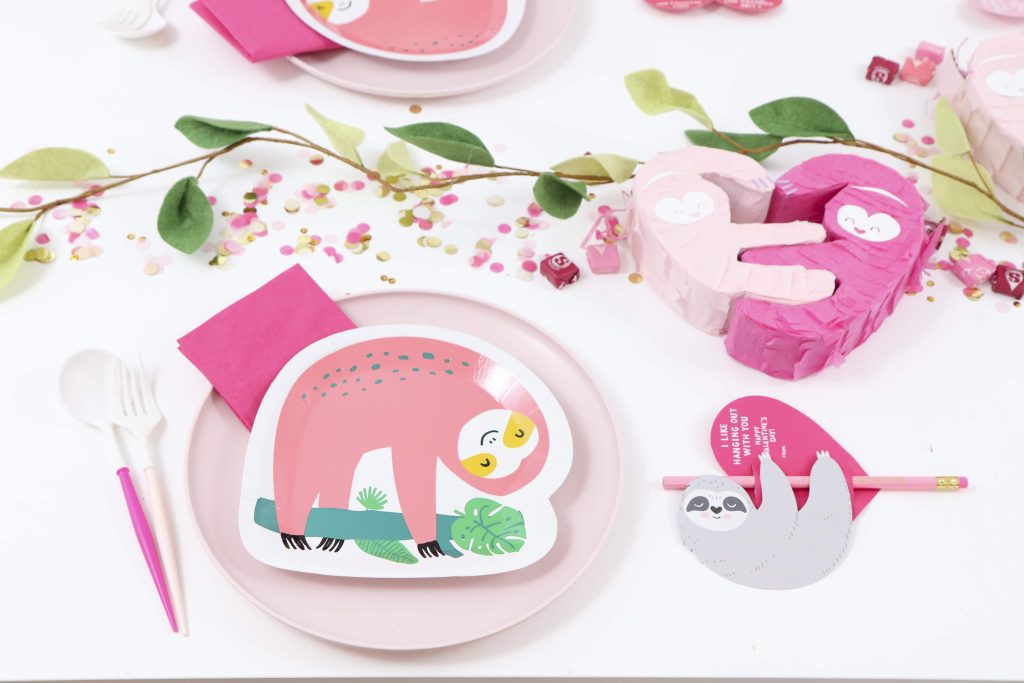 Place Settings for a Pink Sloth Valentine's Day Party for Kids - get details now at fernandmaple.com!