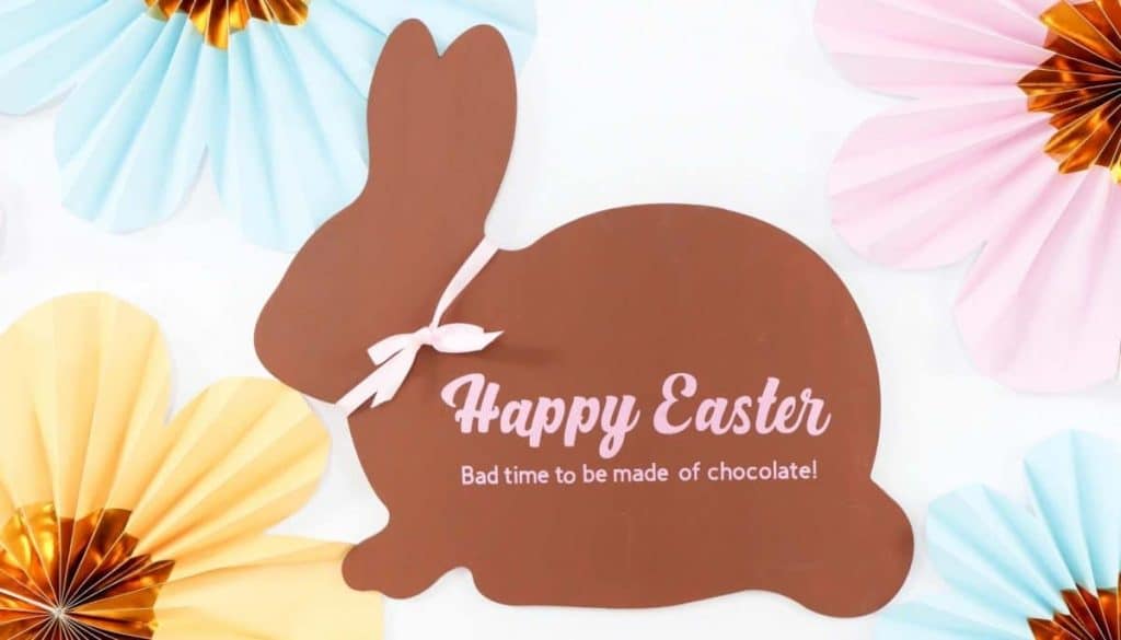 DIY Funny Chocolate Bunny Easter Sign - "Happy Easter...Bad time to be made of chocolate!" - get more Chocolate Bunny Easter Party inspiration now at fernandmaple.com!