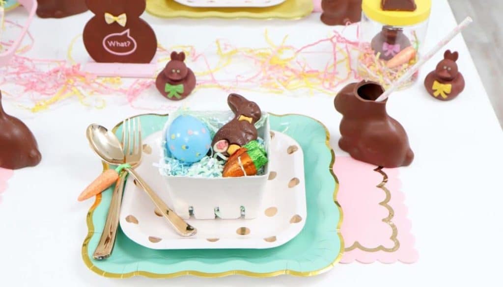 Chocolate Bunny Easter Party pastel place settings- get more Chocolate Bunny Easter Party inspiration now at fernandmaple.com!