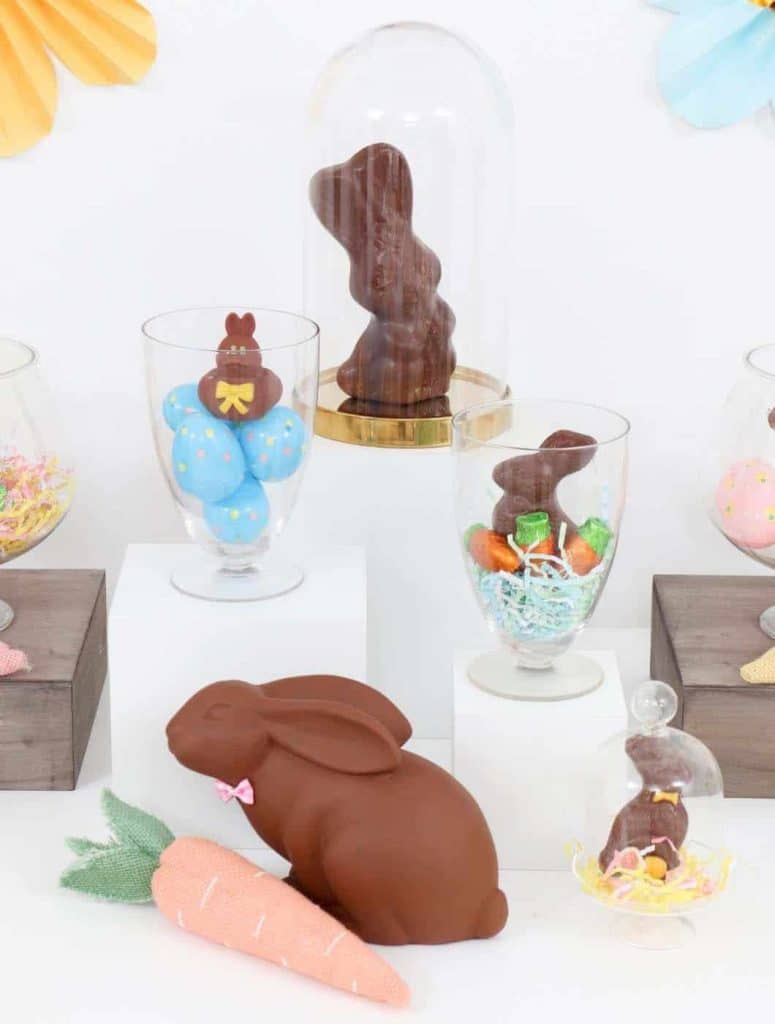 Chocolate Bunny Easter Party decor in glass containers - get more Chocolate Bunny Easter Party inspiration now at fernandmaple.com!