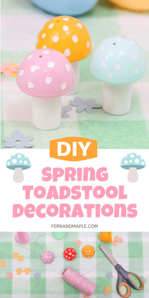 Create the cutest DIY Spring Toadstool ornaments, garland, or table decor with these easy step-by-step instructions! Perfect for a gnome-themed party. Get details at fernandmaple.com!