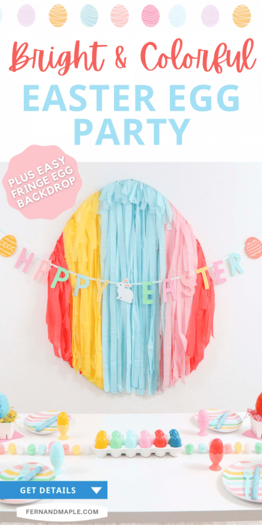 Create an easy and affordable Bright and Colorful Easter Egg-Themed Party with a DIY Fringe Party Backdrop and table setting ideas!