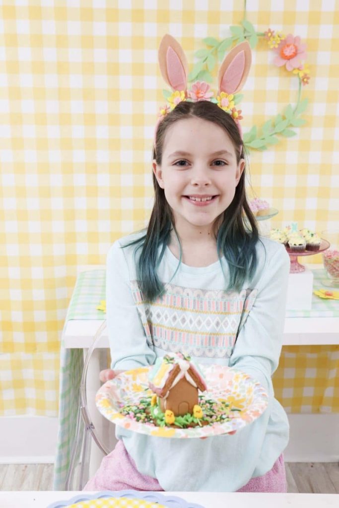 Decorated Gingerbread House from a Spring Gingerbread House decorating party - get more Spring Party inspiration now at fernandmaple.com!