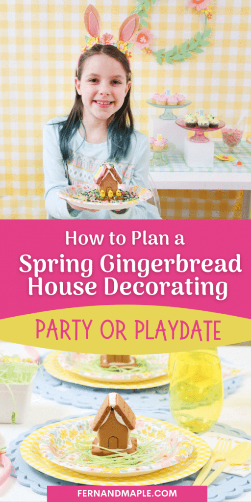 How to plan a fun Spring/Easter Gingerbread House Decorating Party or Playdate - with ideas for DIY backdrop, dessert table setup, place settings and more! Get details now at fernandmaple.com!