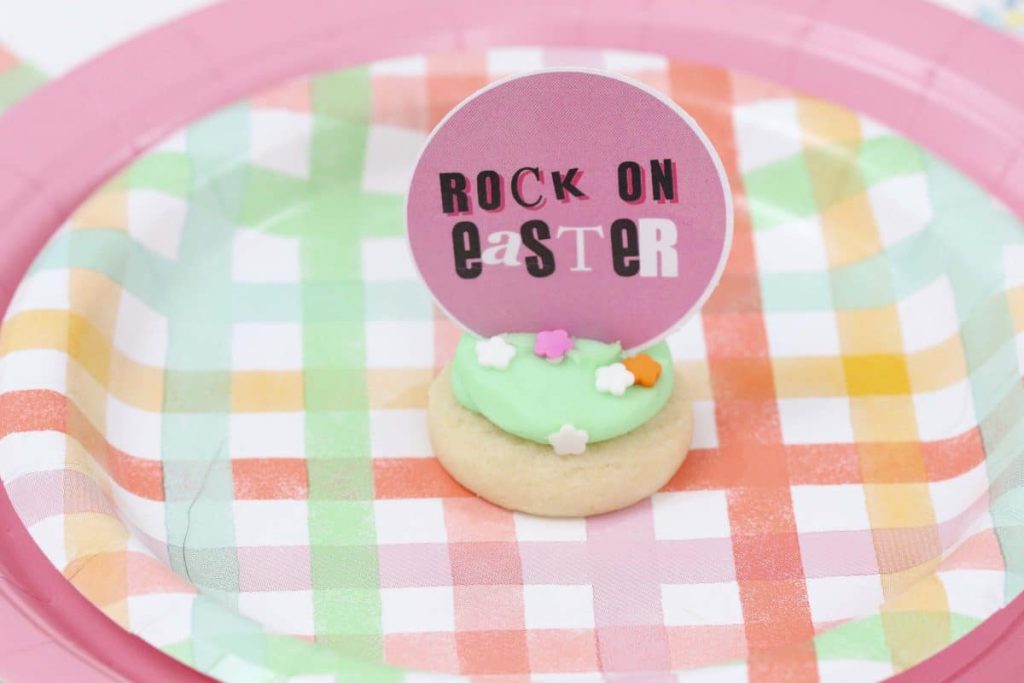 "Rock on Easter" cookie for a Punk Rock Gnome Easter Table Setting - get more party ideas at fernandmaple.com!