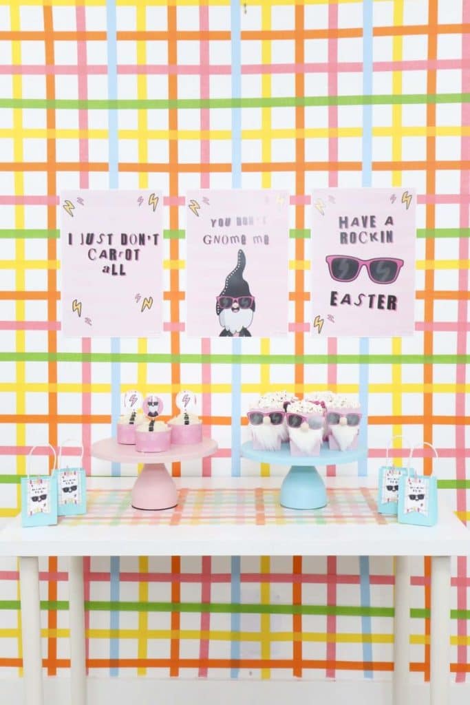 Punk Rock Gnome Easter Snack and Dessert Table with DIY backdrop - get more party ideas at fernandmaple.com!