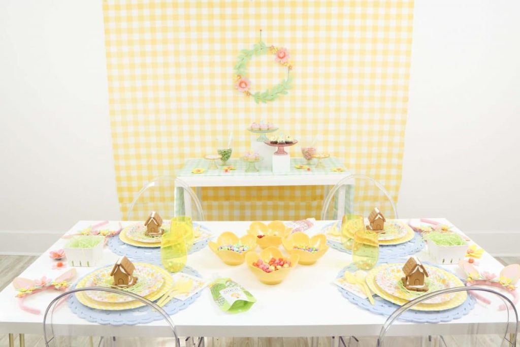 Spring Gingerbread House Decorating Party Setup. Get more details at fernandmaple.com!