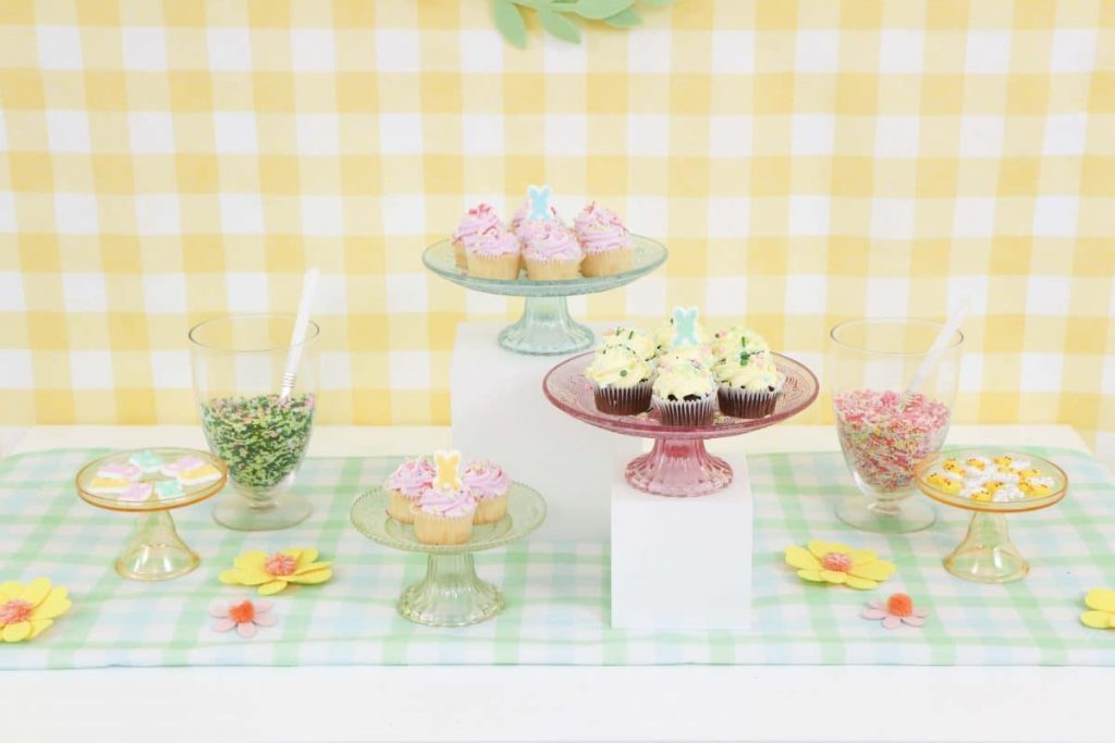 Spring desserts on a variety of pastel stands - get more Spring Party inspiration now at fernandmaple.com!