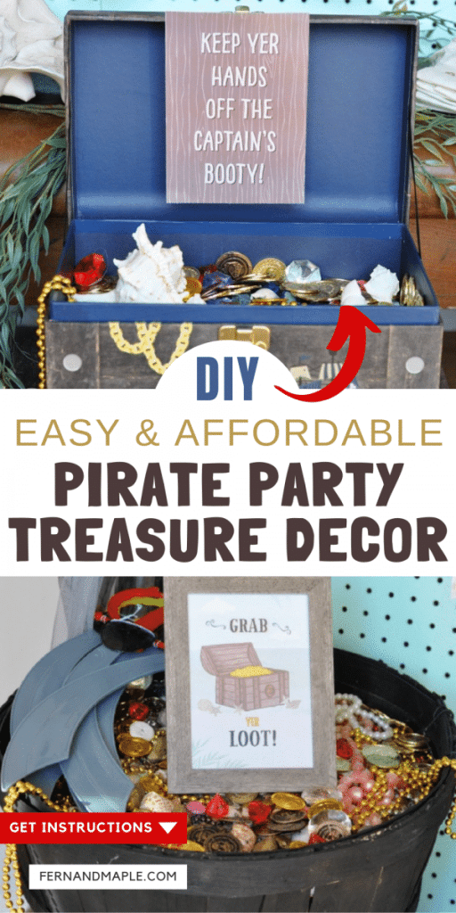 This quick and affordable DIY Pirate Party treasure decor gives the illusion that they are full with coins, gems and jewelry! Get the step-by-step instructions now at fernandmaple.com!