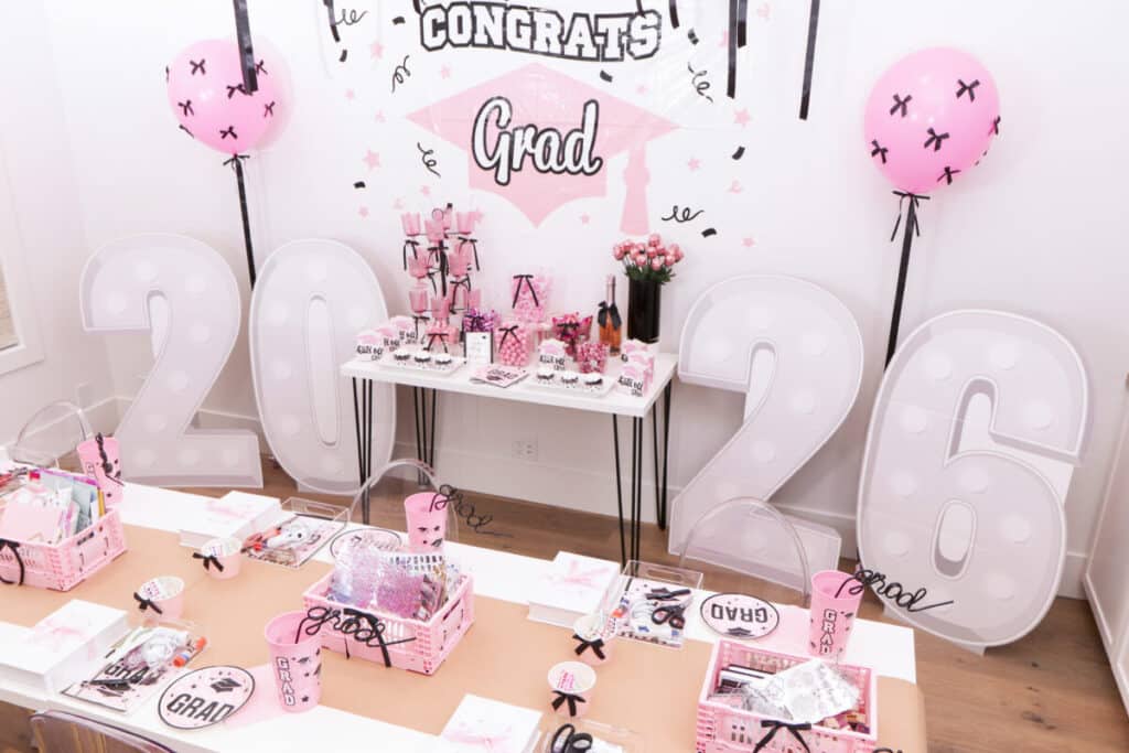 oversized 2026 illuminated marquee number standups from Oriental Trading at graduation party