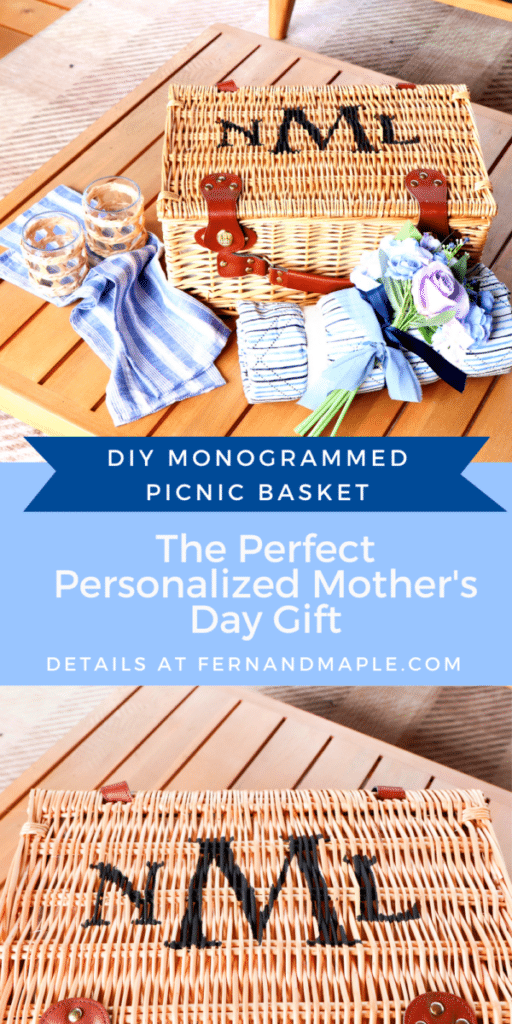 DIY monogrammed picnic basket Mother's Day gift tutorial using Cricut stencil and chalk paint — pin for later