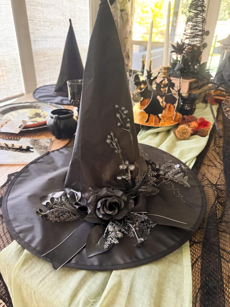 witch party table setting with witch hats