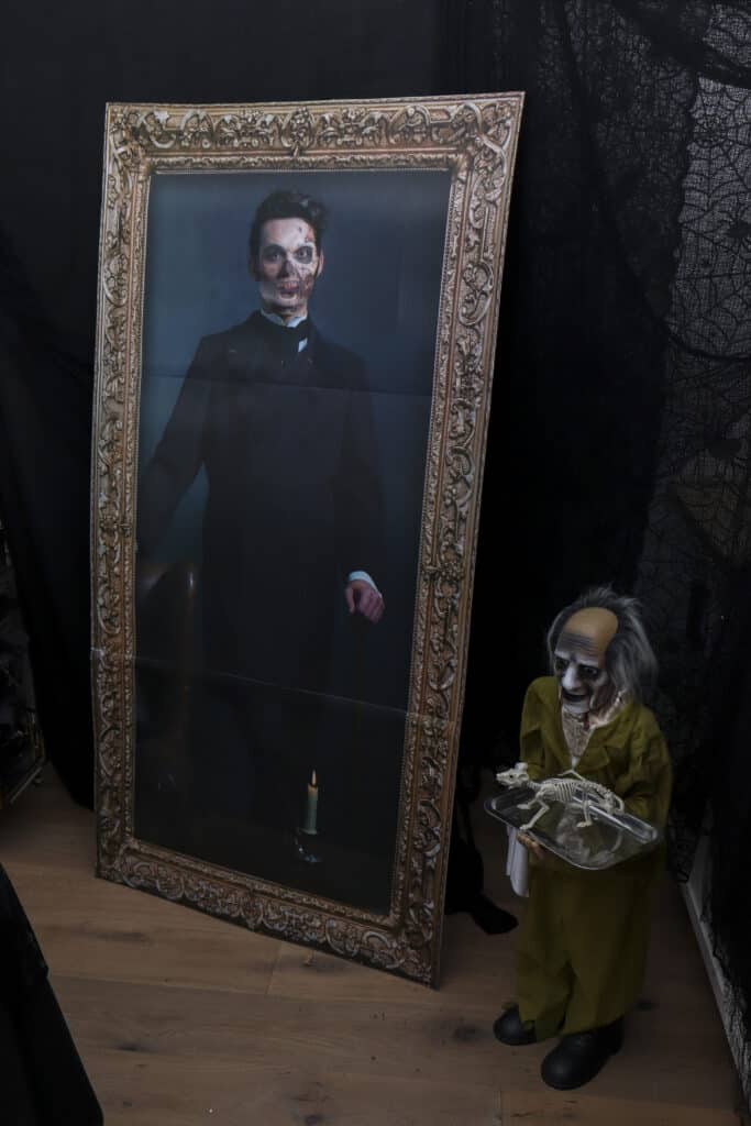 Large stand-up holographic portrait of a male for a gothic Halloween paint and sip party