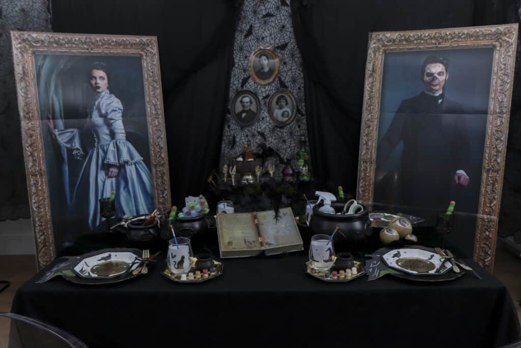 Gothic drawing room set up for a Halloween paint and sip party