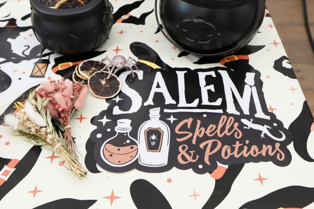 Practical Magic party ideas — Salem Spells and Potions table with supplies for broom decorating