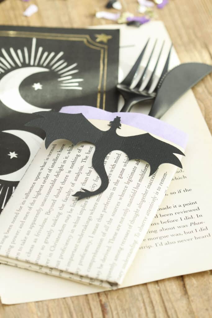 dark romantasy book page cutlery holder in a dragon theme