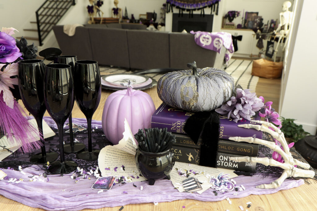 Dark romantasy book club themed centerpiece and table runner
