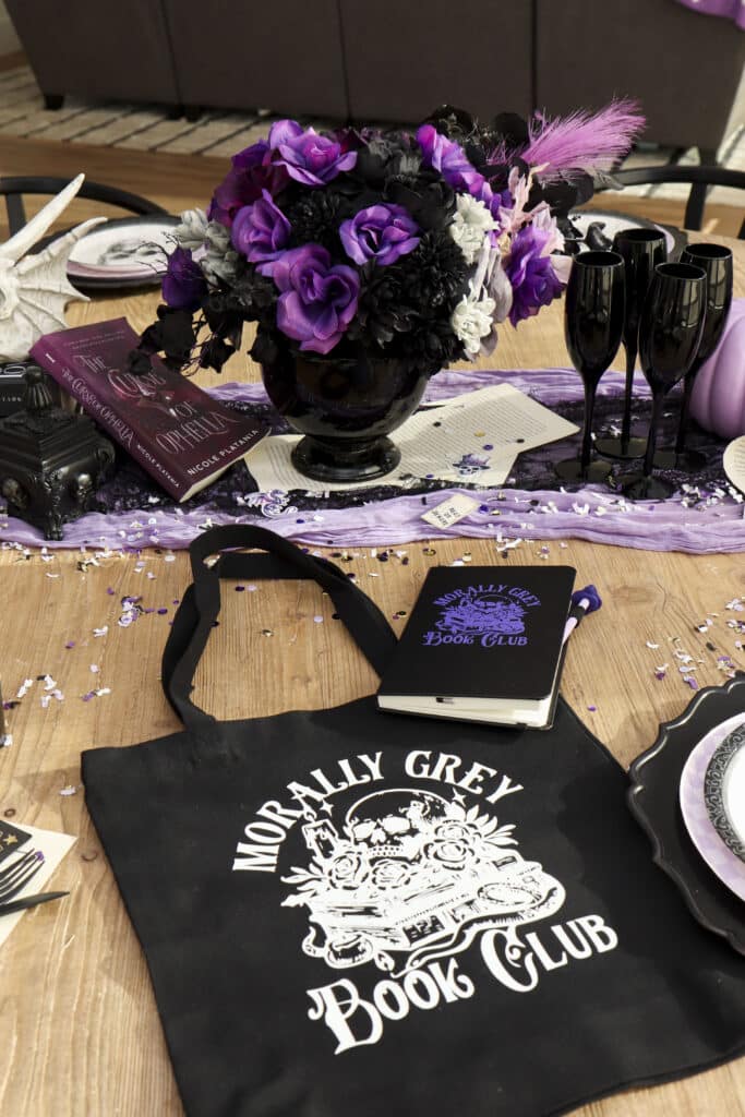 Dark romantasy book club book bag with morally grey decal and matching notebook