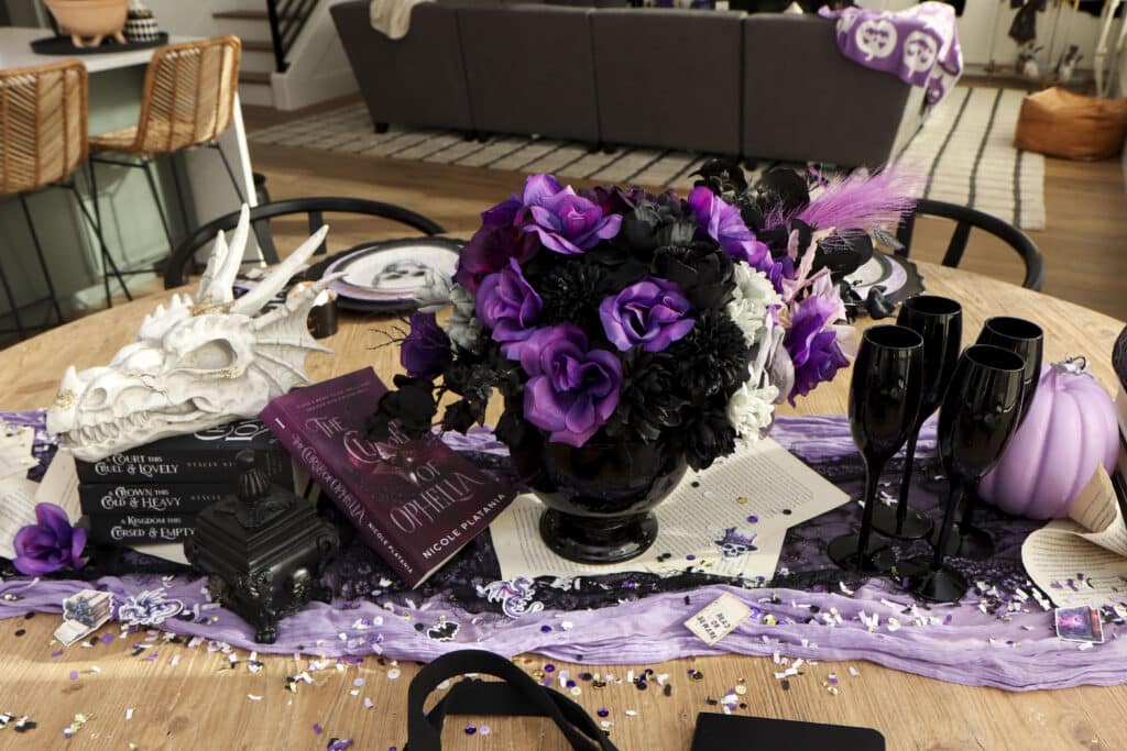 Dark Romantasy book club party table runner and centerpiece