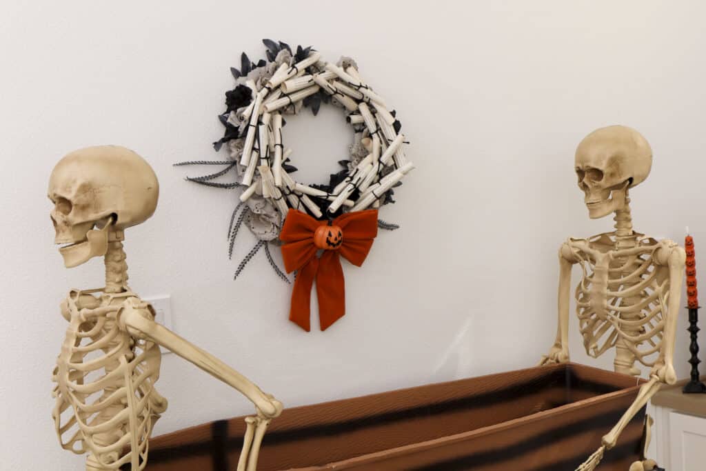 Spooky book club boozy drink stnd with skeleton & coffin cooler