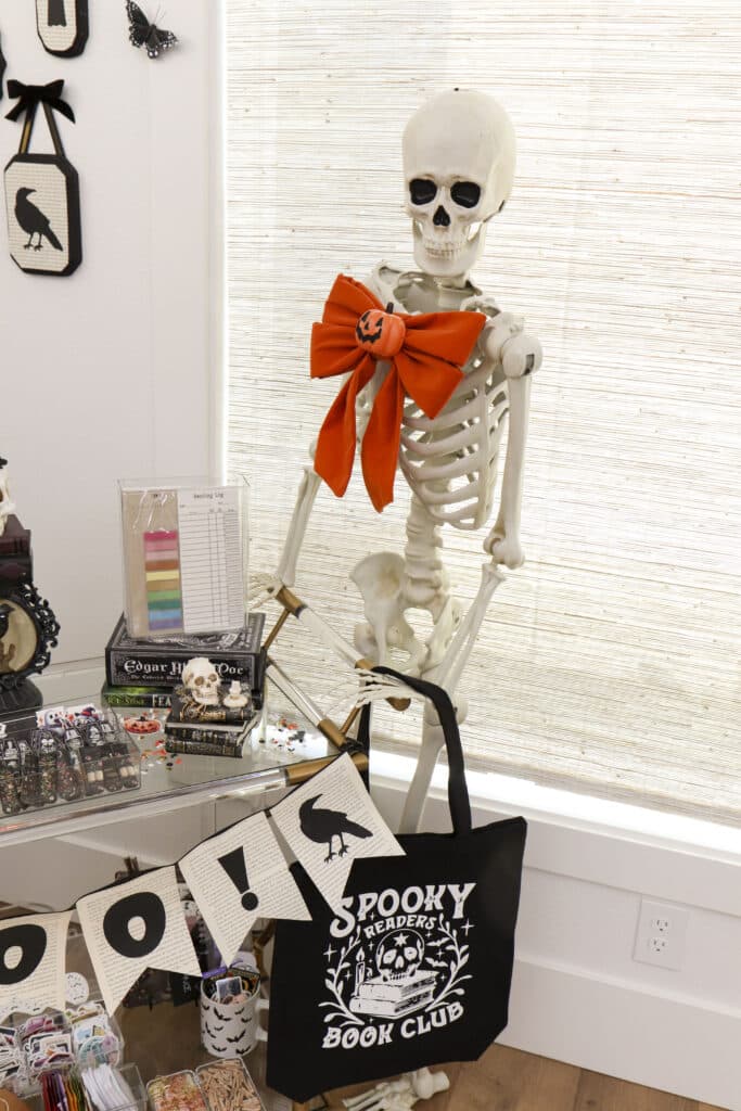 Skeleton decor for a Spooky Halloween book club