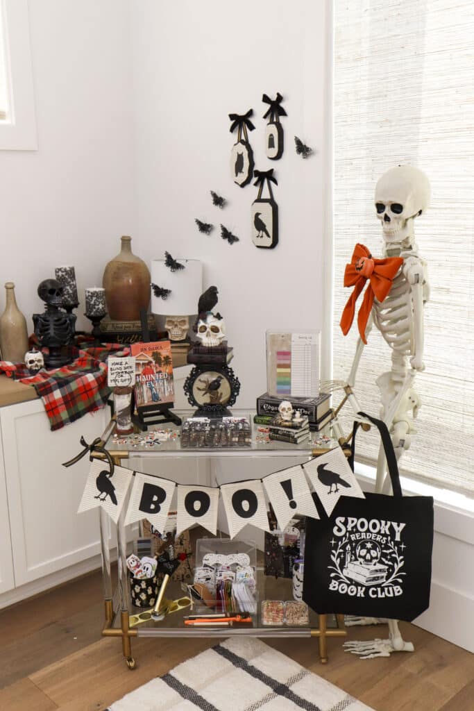 Spooky book club gifting bar cart with Blind Date With a Book and stuffed Halloween mugs